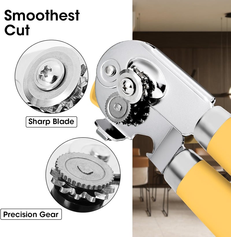 Beneno Heavy Duty Hand Can Opener Manual with Magnet, Durable Sharp Carbon Steel Blade Smooth Cutting, Big Effort-Saving Knob, Soft Grip Handle, Multifunctional Kitchen Tool with Bottle Opener, Yellow - Image 3